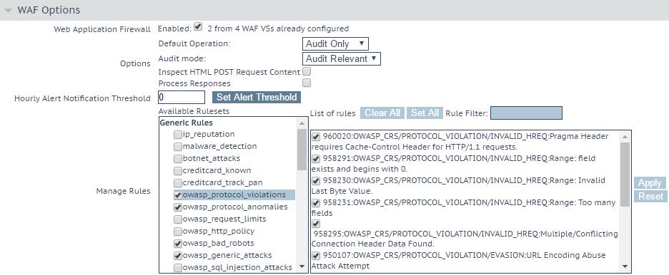 Figure 4-12: WAF Options Tick the Enabled check box.