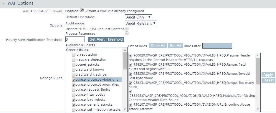 Figure 4-18: WAF Options Select the Enabled check box.