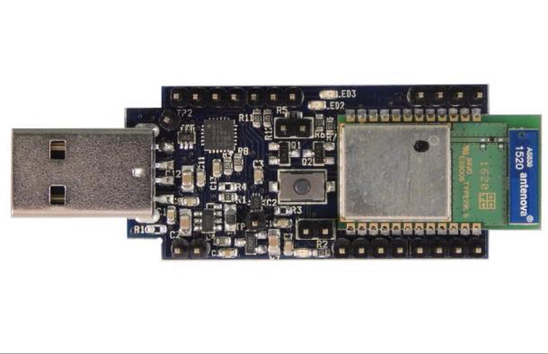 for quick and easy SPBT.0DP module evaluation. The dongle includes an RF antenna and a USB connector to allow PC communication with the Bluetooth module and power the dongle.
