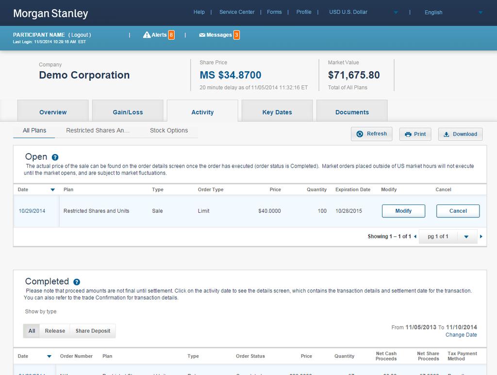 Activity Page The Activity page displays all your transactions, including open orders, trades, and dividend payments.