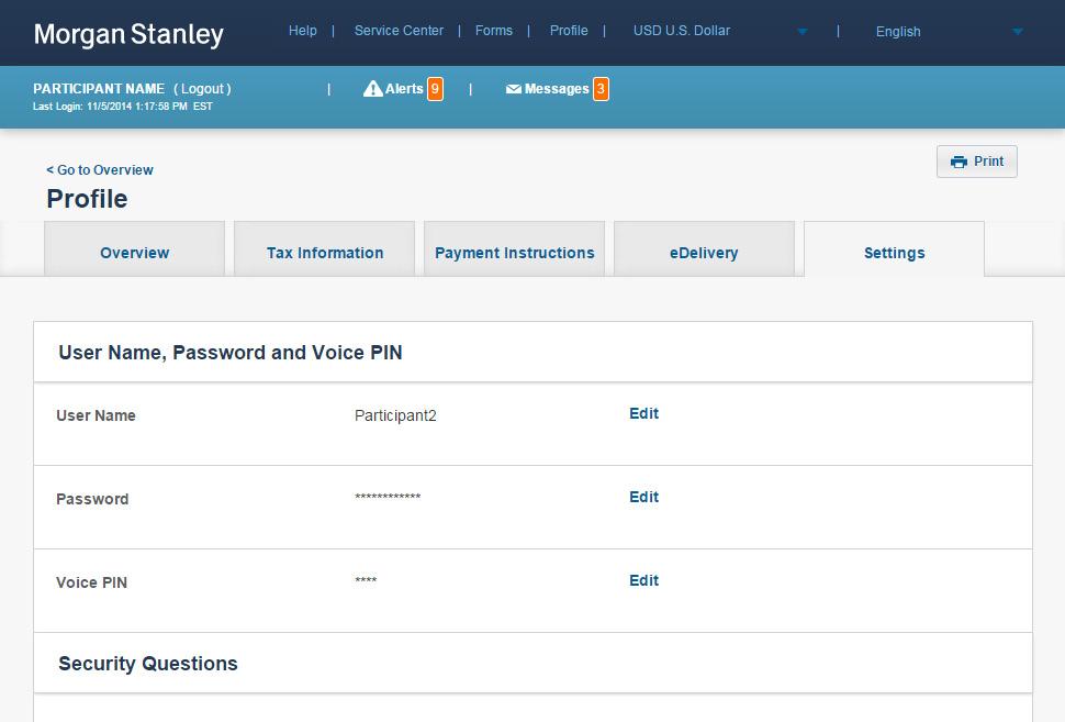 The Settings page allows you to view and modify your User Name, Password, and Voice PIN, as well as your Security Questions.