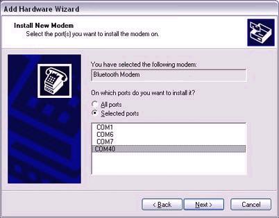 3. Select "Selected Port", specify the COM port to which the modem will be installed, and then click on the [Next] button.