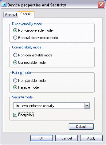 Note Once you have configured the security mode, a window will appear when you first make a connection to another device, prompting you to enter a Bluetooth passkey (PIN code).