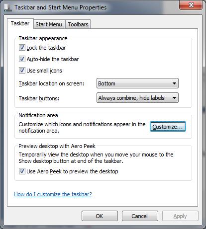 PROPERTIES Here you can: Lock/unlock Taskbar Auto hide Taskbar Use/not use Small Icons.