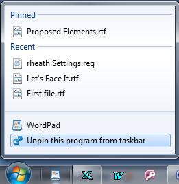Unpin this program from Taskbar Jump Lists To setup a Jump Lists demonstration, start Wordpad and open the files First File, Let s Face It and