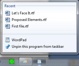 on Worpad Taskbar Icon Win7 shows recent files Click on Let s