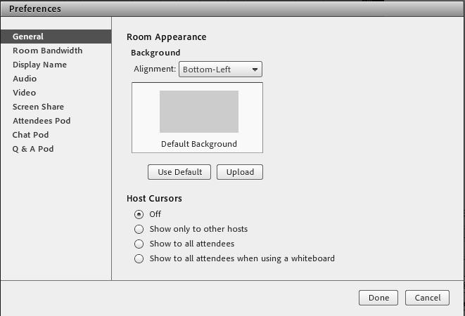 The Preferences dialog box is displayed. Figure 14: Preferences dialog box 3. Select Room Bandwidth from the left side of the Preferences dialog box. 4. Verify that LAN is selected. 5.