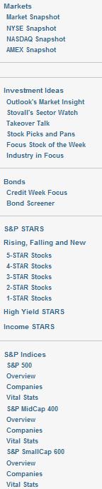 Companies Tab Menu Column The Companies tab menu column is divided into five topics: Markets, Investment Ideas, Bonds, S&P STARS, and S&P Indices.