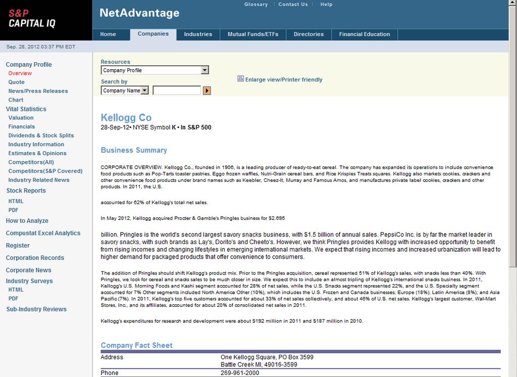 Company Page The Company page is displayed when you have found a company to research.