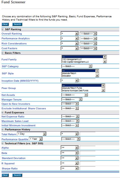 Fund Screener The Fund Screener page is accessed by clicking on the orange arrow icon in the Advanced Search function.