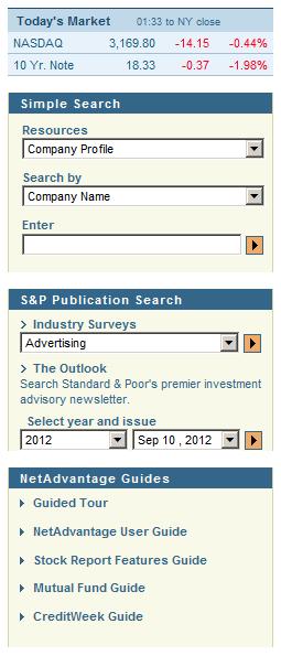The S&P Commentary section of the first column has links that will open articles and commentary on current events. The second column has four sections.