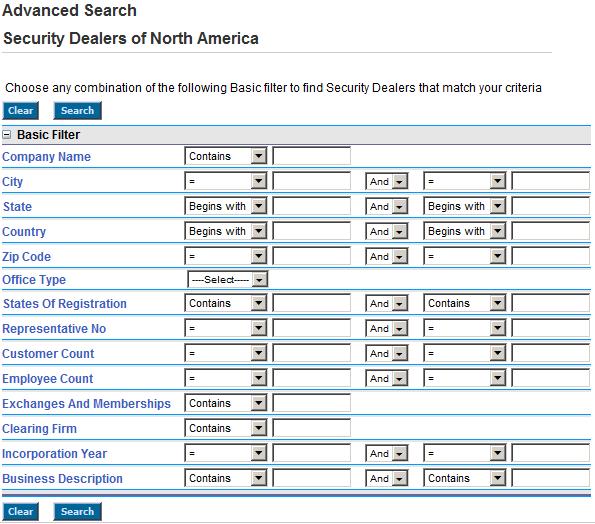 The Advanced Search section of the Security Dealers of North America search function has two links: By Company and By People and Functions.