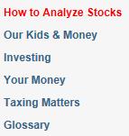These are How to Analyze Stocks (the default display when the Financial Education tab opens), Our Kids & Money, Investing, Your Money, Taxing Matters, and Glossary.