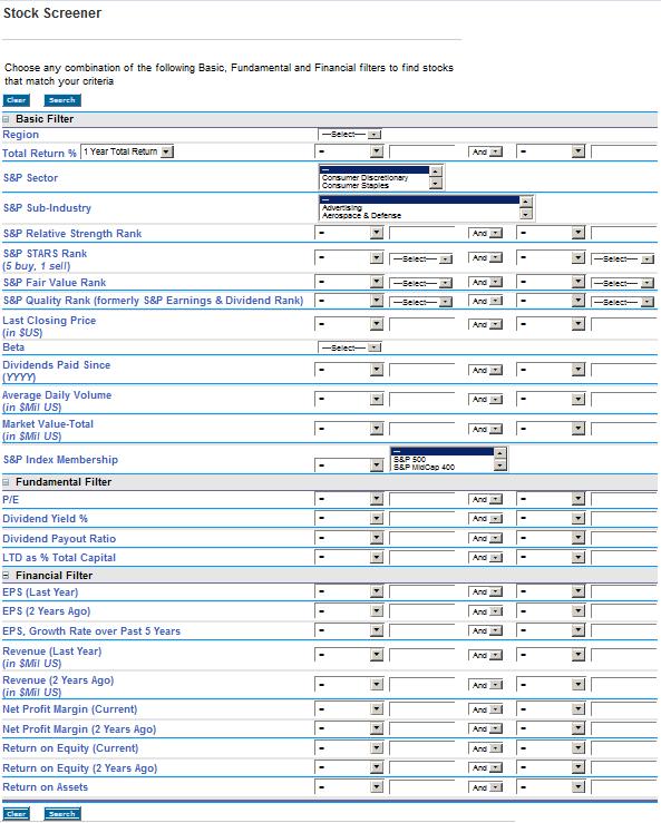 , Stock Reports, Register Executives, Register Private Co., Bond Screener, and Corporation Records. The advanced search screens are tailored to each selection.