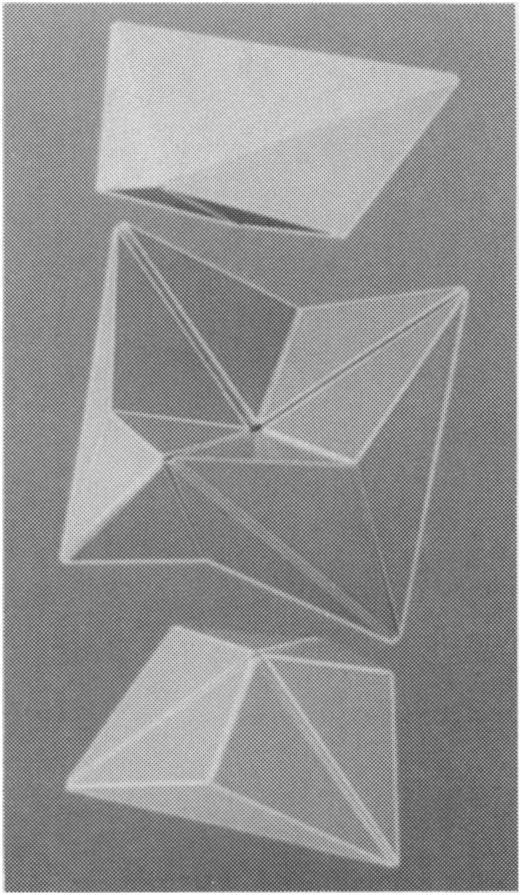 consisting of two tetrahedra, and a single piece consisting of two conjoined rotating rings of eigh tetrahedra.