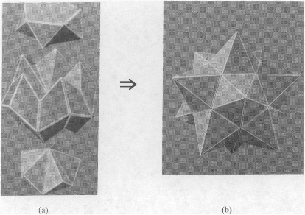 The octahedron, credited to Friedemann and Immo Sykora, and the dodecahedron, by Wolfgang Maas, are both composed of just three pieces (see Figures 5 and 6(a)): one piece from each of two