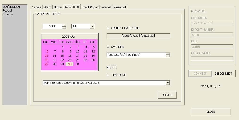 Remote Setup Date/Time Setup Set the date, time, and time zone for the System. Figure 19. Date/Time Setup To adjust the Date and Time: 1. Click the Date/Time tab at the top of the window. 2.