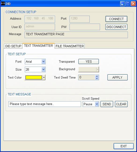 Lorex Message Master Text Transmitter Figure 33. Text Transmitter To customize text: 1. Click the TEXT TRANSMITTER tab. 2. Click the drop-down menus to select the font and font size for the text. 3. Under Transparent, click YES or NO.
