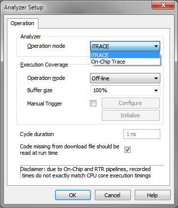 RTC ( itrace selection) or standard On-chip trace analyzer operation mode is configurable in the Hardware/Analyzer Setup dialog.
