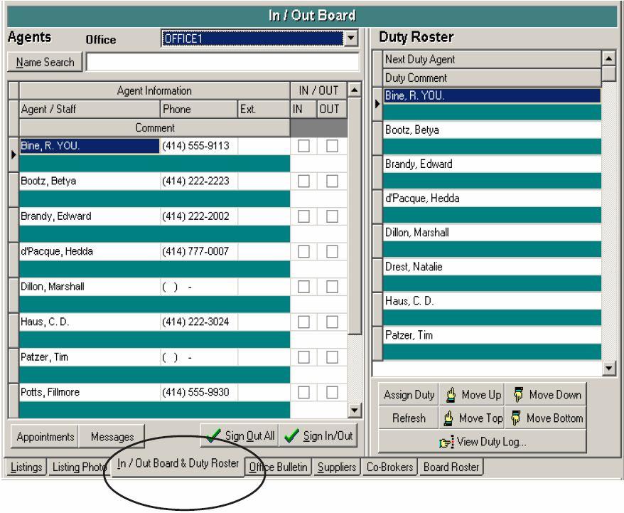 In/Out Board & Duty Roster tab By clicking on the In/Out Board & Duty Roster tab you can register the daily status of agents presence, duties, appointments and