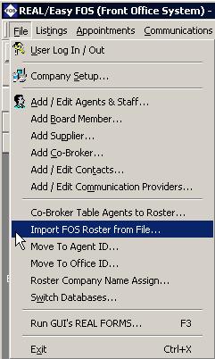 The new command, Import FOS Roster, is accessed from the File pull down menu in FOS.