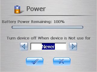 3. The Power screen will appear showing the remaining power of your battery. You can also set up a timer for your device to automatically turn off the device when being idle for a set period of time.