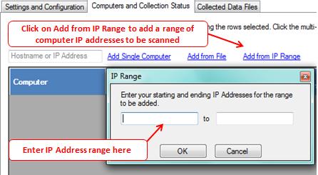 Next, click on the Add Single Computer link to the right of the IP address entry field. C. The single IP address to be scanned will be listed in the list of computers to be scanned in the Computers and Collection status window.