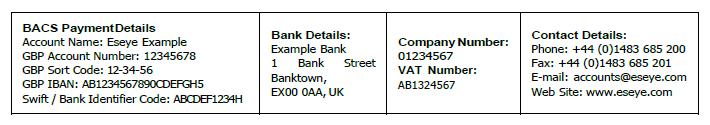 1.5 Box 5 This displays the details of how to pay Eseye, with BACS details, bank details, company number, VAT number and contact details. 2 