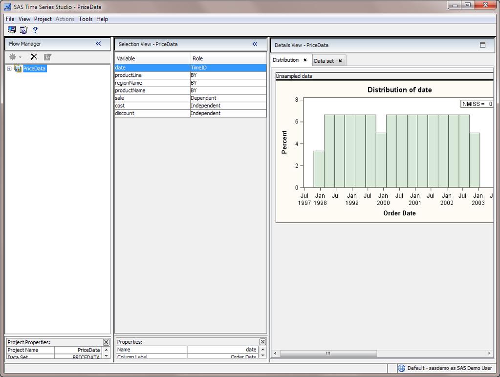 68 Chapter 7 / Understanding the Distribution of Your Data Here are the results in the SAS Time Series Studio workspace: The Selection View displays the name and role of each variable in the project.