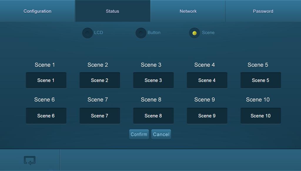 Click the Scene radio button to display the Status / Scene screen. This screen allows you to change the names shown on the front panel LCD screen for each custom "scene".