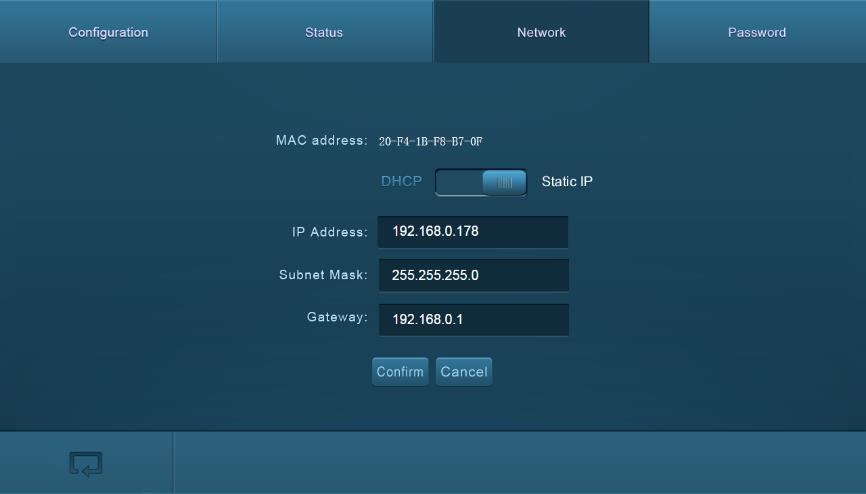 Click the Network tab to display the Network screen. This screen displays the MAC address, allows you to swap between DHCP and Static IP, and change the IP Address, Subnet Mask, and Gateway addresses.