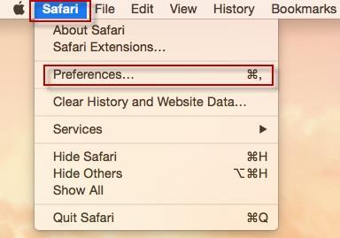 Apple Safari OS X 1. Click the Safari menu in the top left of the window. 2. Click Preferences from the dropdown menu.