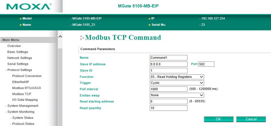 In Slave mode, assign the Slave ID and confirm that the Modbus device on the remote side can send