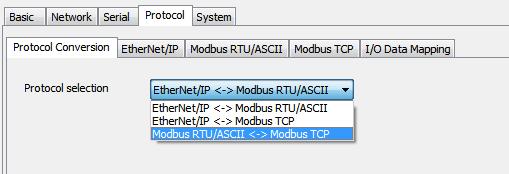 MGate Manager Configuration Protocol Settings The MGate gateway supports Modbus RTU/ASCII, Modbus TCP, and EtherNet/IP protocols. The possible combinations are listed in the following table.