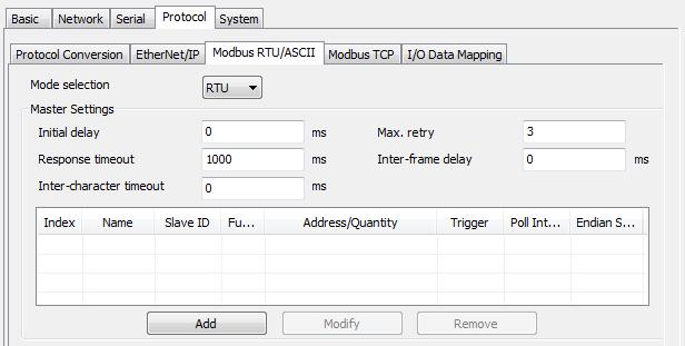 Modbus RTU/ASCII Settings According to the Modbus RTU/ASCII settings, the MGate 5105-MB-EIP will act as a Modbus master or Modbus slave in order to communicate with your Modbus RTU/ASCII devices.