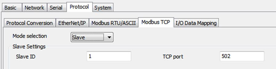MGate Manager Configuration Modbus TCP Settings The MGate 5105-MB-EIP supports Modbus TCP function with slave and master mode.