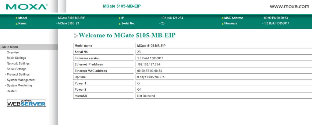 Web Console Configuration and Troubleshooting Overview The MGate 5105-MB-EIP supports configuration and troubleshooting by web console.