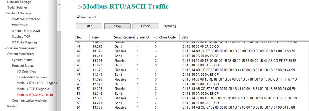 Web Console Configuration and Troubleshooting System Monitoring Protocol Status Modbus RTU/ASCII Traffic For troubleshooting or management purposes, you can monitor the Modbus RTU/ASCII data passing