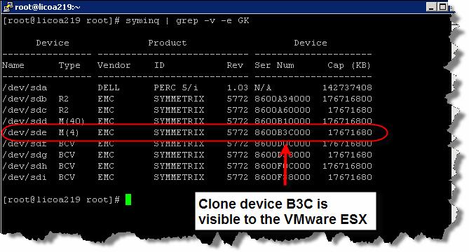 Figure 13. Determining devices presented to the ESX Server on the recovery side 2.