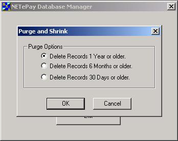 Purging and Shrinking Your Database 1. To remove old transaction data from the database and save disk storage space, click the Purge & Shrink button. The following dialog will be displayed: 2.