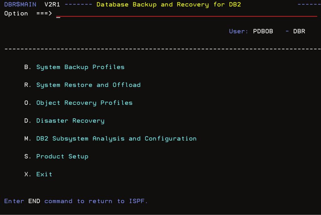 DBR for DB2 naigation is done using a sophisticated ISPF interface. The menu interface proides quick and easy access to its backup and recoery functions.