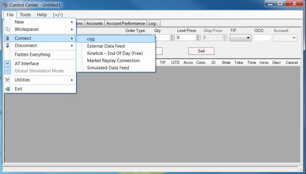 4 8. Connect. Click File > Connect > cqg 9. The green box should appear in the lower left on the Control Center window, and you should be connected. If not, please contact NinjaTrader support. 10.