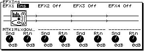 Off: The effect will not be inserted. Ins: The stereo effect will be inserted into both channels. The inserted effects are shown as icons and as patch names (up to ten characters). 5.
