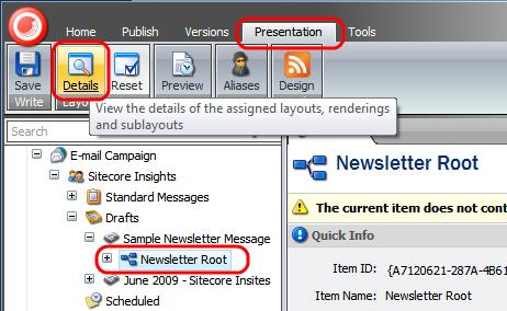 The ECM requests the Newsletter Root item to render an email. In the email, the see the online version link points at the Sample Newsletter Message item.