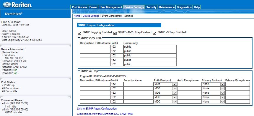 Chapter 4: KX III Administration Use the Link to SNMP Agent Configuration link to quickly navigate to the Devices Services page from the Event Management - Settings page.