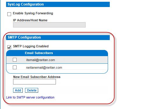 Configu Chapter 4: KX III Administration 2. Go to the SMTP Settings panel and select the Enable SMTP Server checkbox. 3.