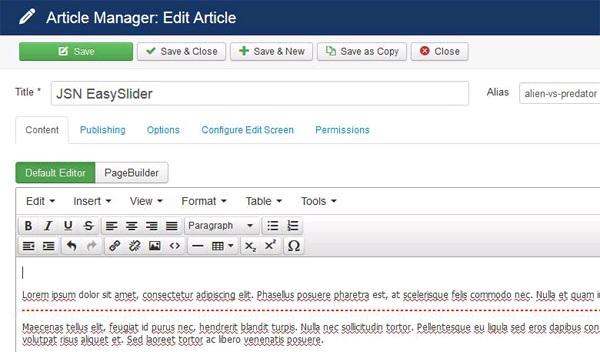 Content syntax You can display the slider inside an article. The instruction below shows you how to do that. 1. From Joomla!