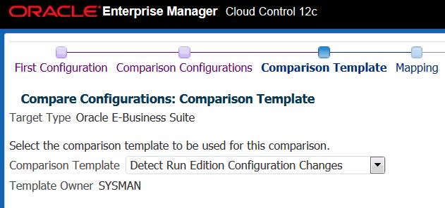This template compares the configurations of the following targets in an Oracle E-Business Suite instance: Oracle E-Business Suite Oracle E-Business Suite node Forms WebLogic server Self-service