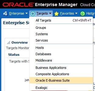 Oracle E-Business Suite Management Page The Oracle E-Business Suite Management page gives you a bird's eye view of all the Oracle E-Business Suite instances that are being monitored.
