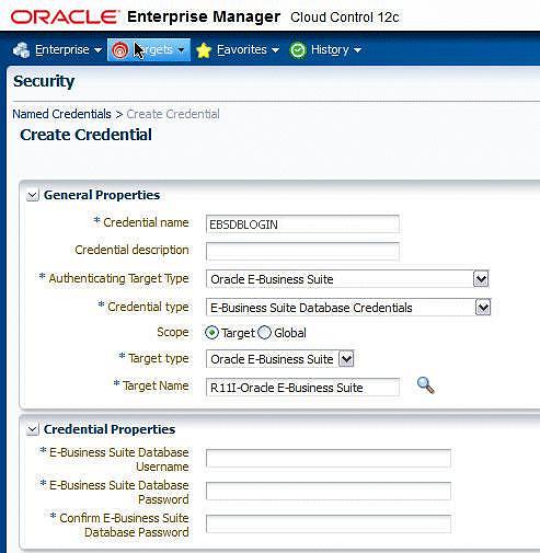 Set preferred credential for Oracle E-Business Suite Database Login: 1. Navigate to Setup menu >Security >Preferred Credentials. 2. Select Oracle E-Business Suite. 3.